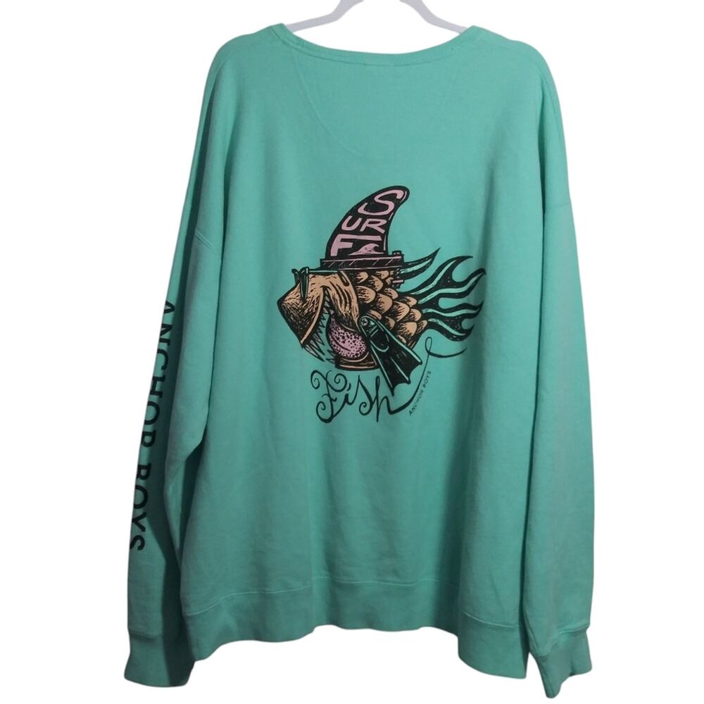 Comfort Wash Anchor Boys Surf Fish Mint Green Crew Neck Sweatshirt Size 2XL